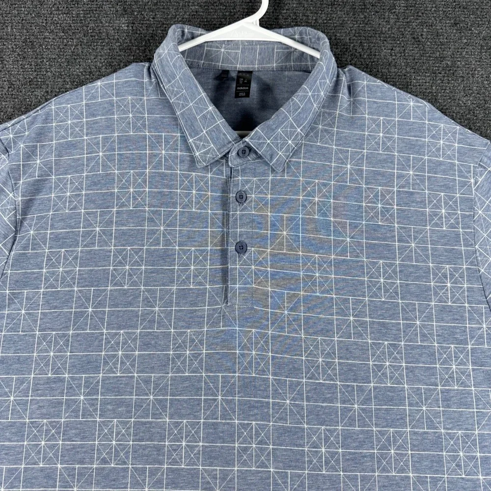 Adidas Polo Shirt Mens 2XL XXL Blue Geometric Grid Golf Performance IU4425